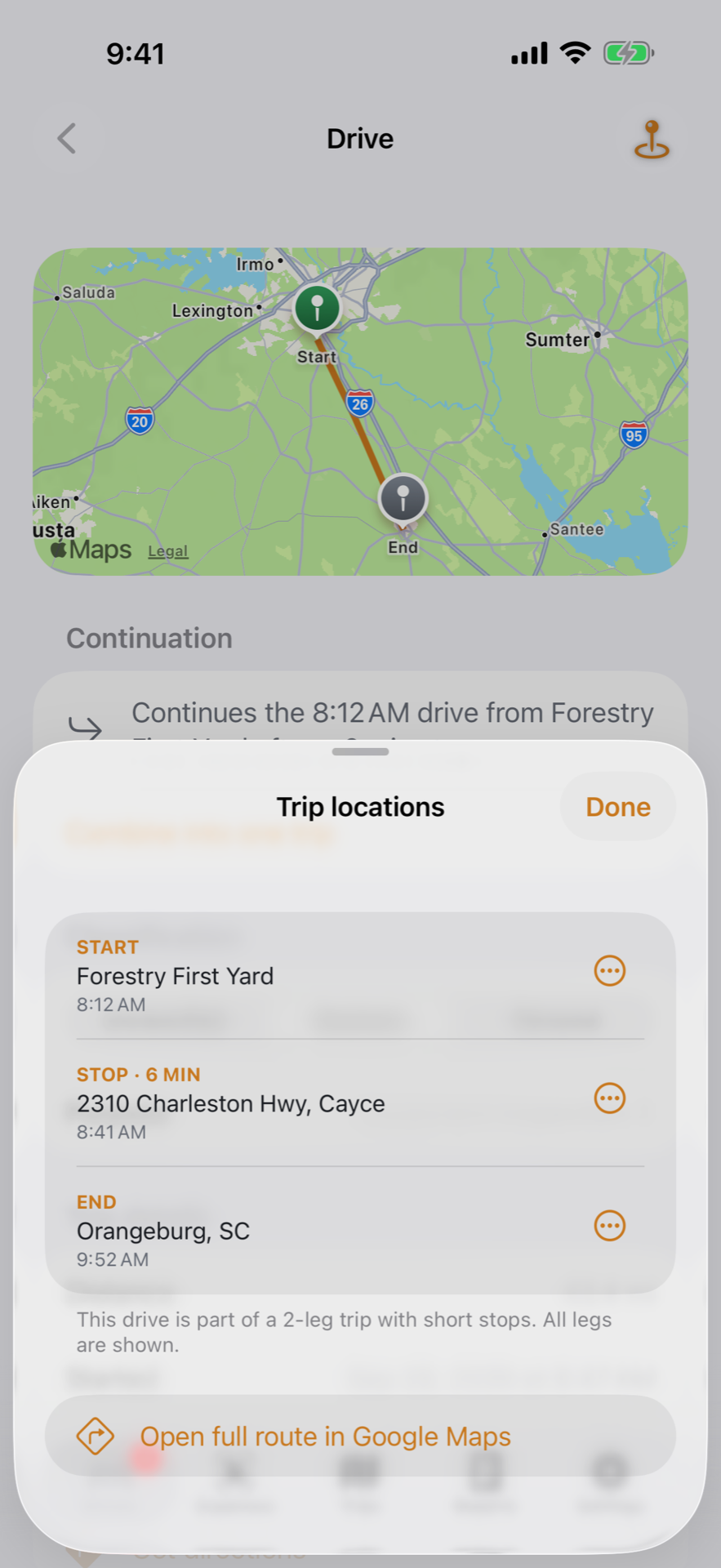 Trip locations sheet with start, stop, and end, ready to open in Google Maps